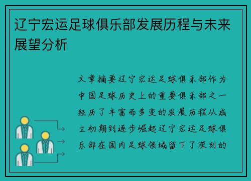 辽宁宏运足球俱乐部发展历程与未来展望分析