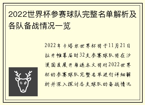 2022世界杯参赛球队完整名单解析及各队备战情况一览